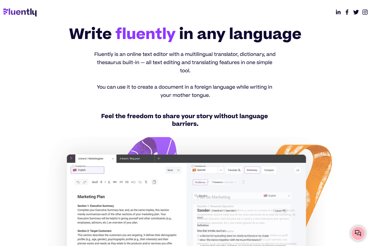 Fluently online text editor can instantly translate content into other languages